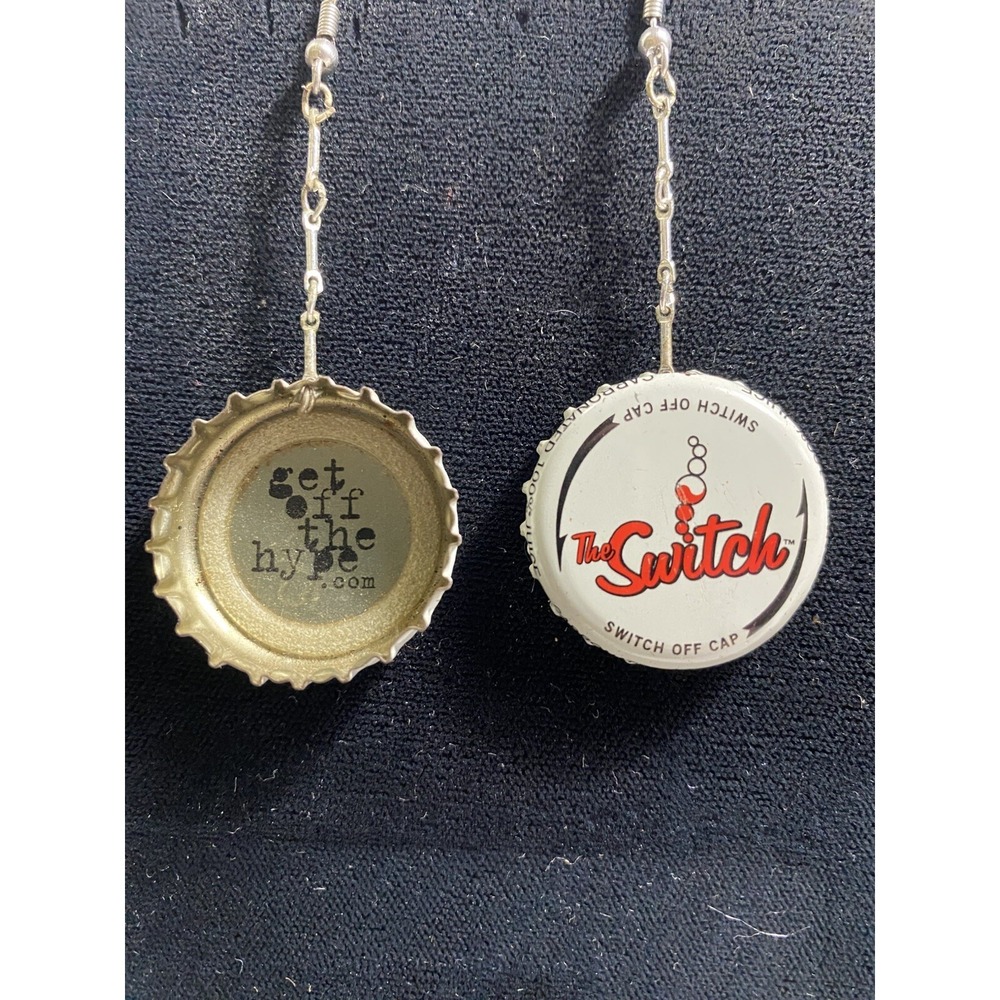 The Switch Soda Bottle Cap Drop Earrings Upcycled Kitsch Jewelry Silver Tone